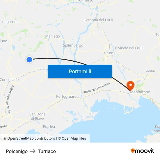 Polcenigo to Turriaco map