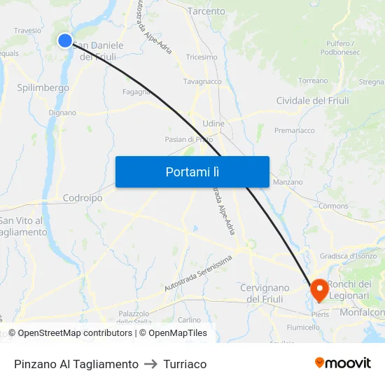 Pinzano Al Tagliamento to Turriaco map