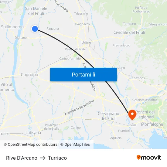 Rive D'Arcano to Turriaco map