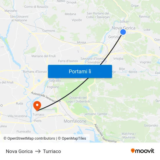 Nova Gorica to Turriaco map