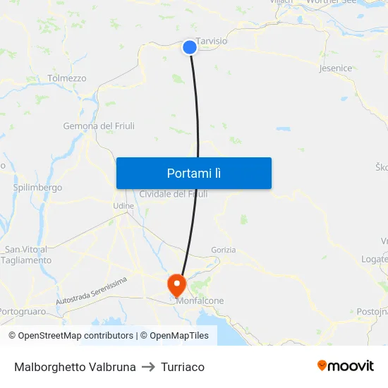 Malborghetto Valbruna to Turriaco map