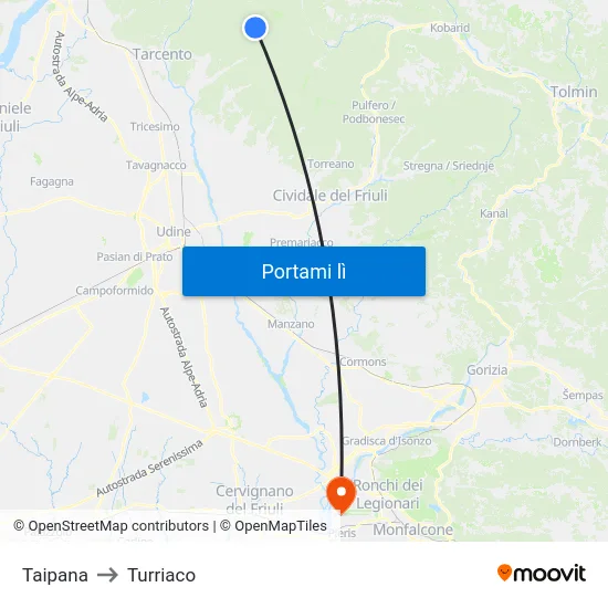 Taipana to Turriaco map