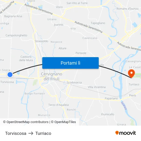 Torviscosa to Turriaco map
