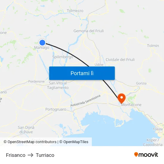 Frisanco to Turriaco map