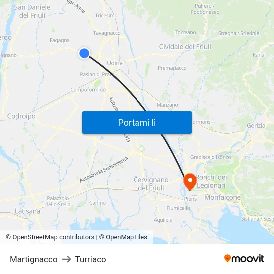 Martignacco to Turriaco map