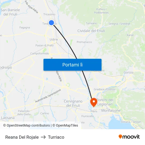 Reana Del Rojale to Turriaco map