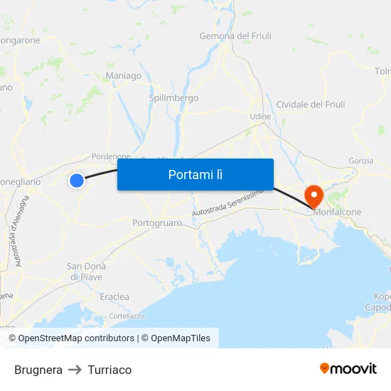 Brugnera to Turriaco map