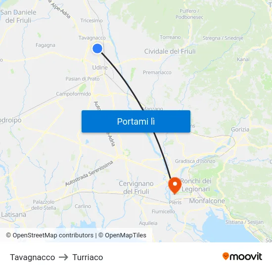 Tavagnacco to Turriaco map