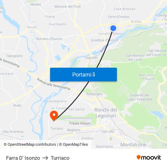 Farra D' Isonzo to Turriaco map