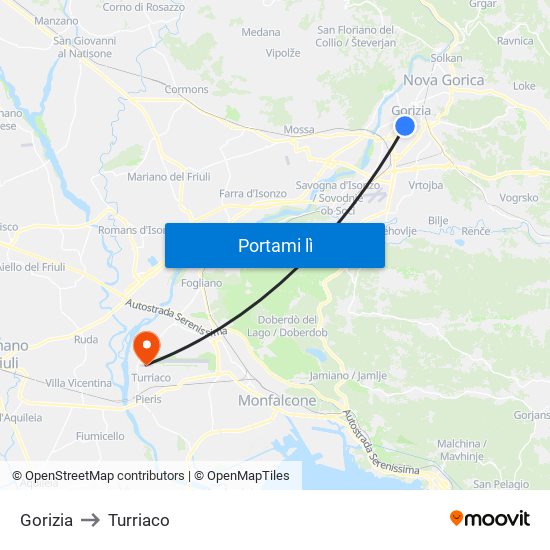 Gorizia to Turriaco map