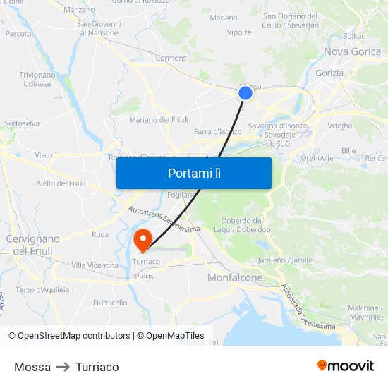 Mossa to Turriaco map