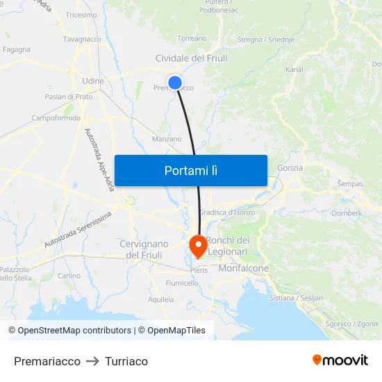 Premariacco to Turriaco map