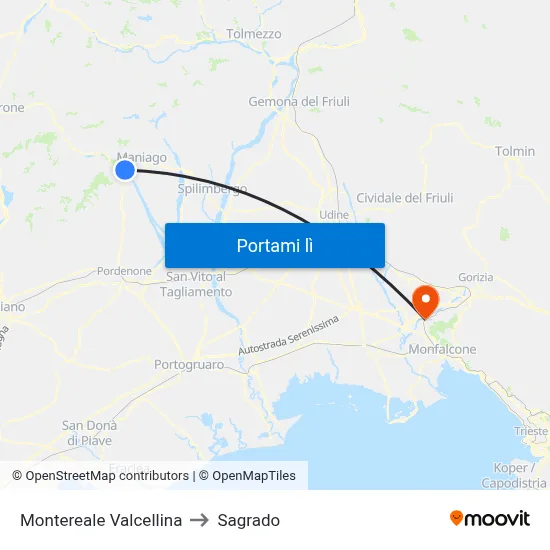 Montereale Valcellina to Sagrado map