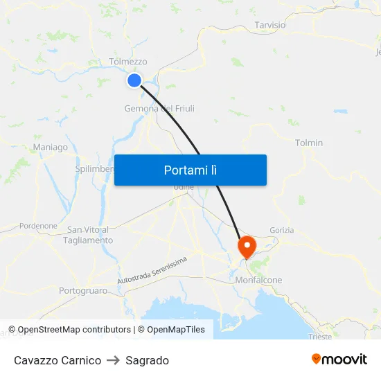 Cavazzo Carnico to Sagrado map