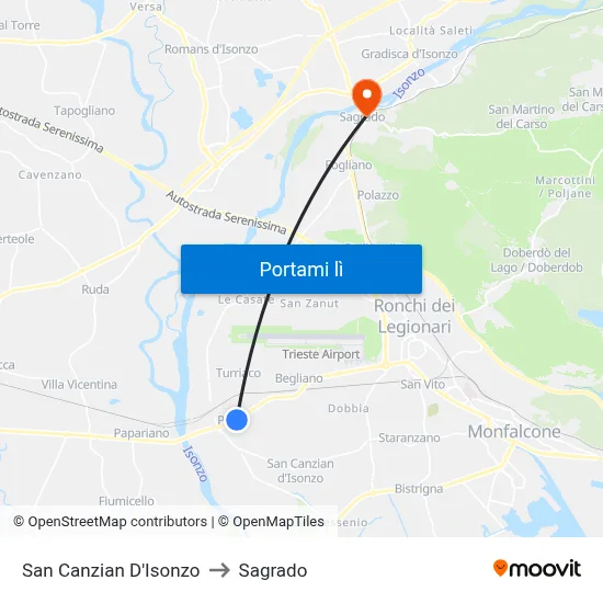 San Canzian D'Isonzo to Sagrado map