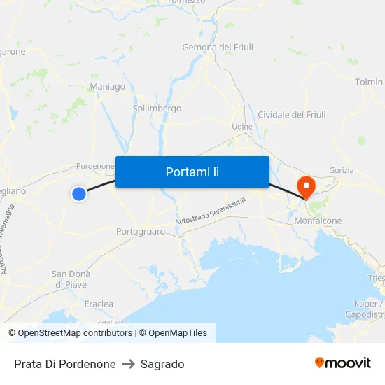 Prata Di Pordenone to Sagrado map