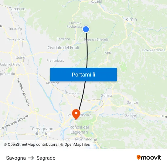 Savogna to Sagrado map