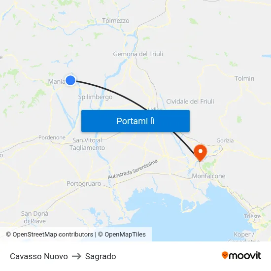 Cavasso Nuovo to Sagrado map