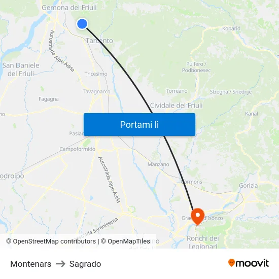 Montenars to Sagrado map