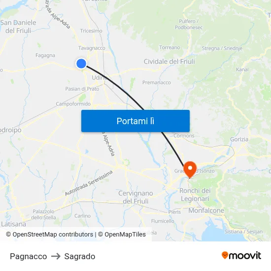 Pagnacco to Sagrado map