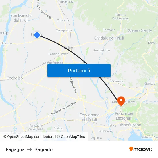 Fagagna to Sagrado map