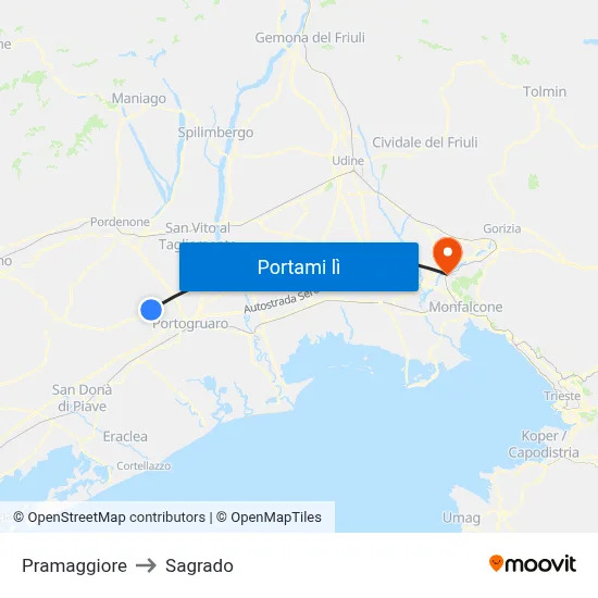Pramaggiore to Sagrado map