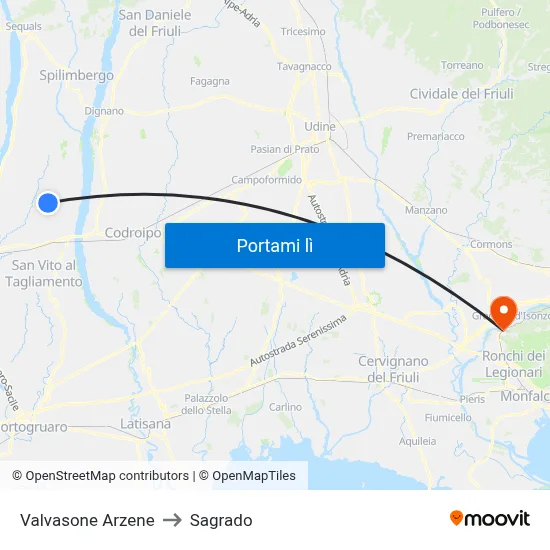 Valvasone Arzene to Sagrado map