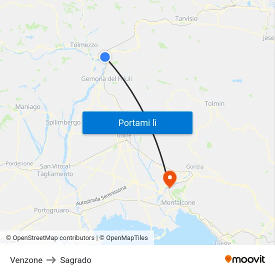 Venzone to Sagrado map