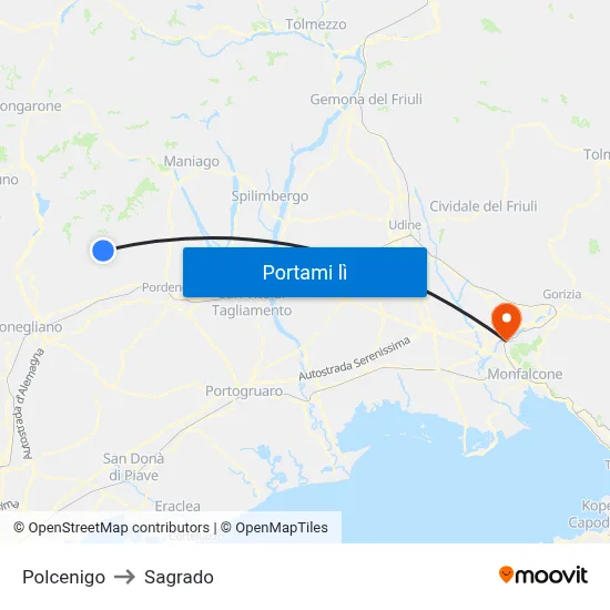 Polcenigo to Sagrado map
