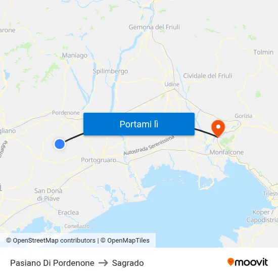 Pasiano Di Pordenone to Sagrado map