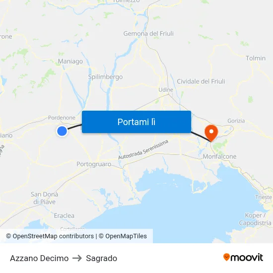 Azzano Decimo to Sagrado map
