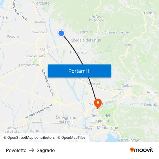 Povoletto to Sagrado map