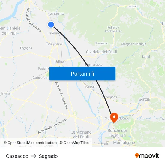 Cassacco to Sagrado map