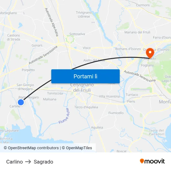 Carlino to Sagrado map