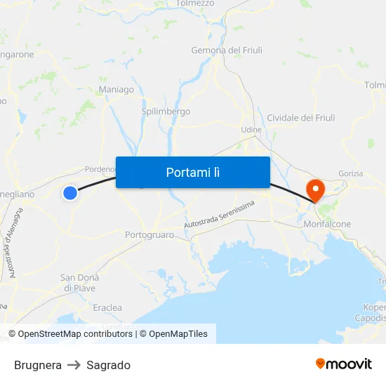 Brugnera to Sagrado map