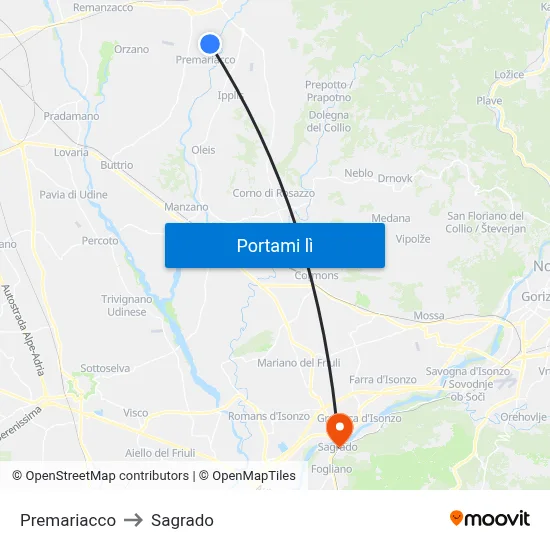Premariacco to Sagrado map