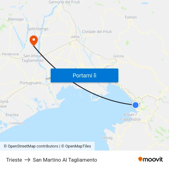 Trieste to San Martino Al Tagliamento map