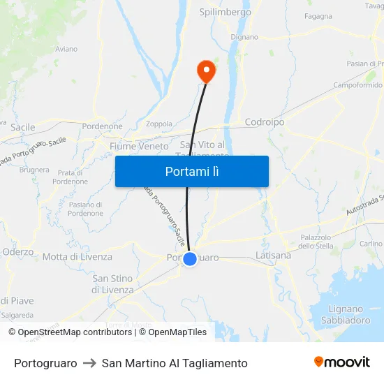 Portogruaro to San Martino Al Tagliamento map