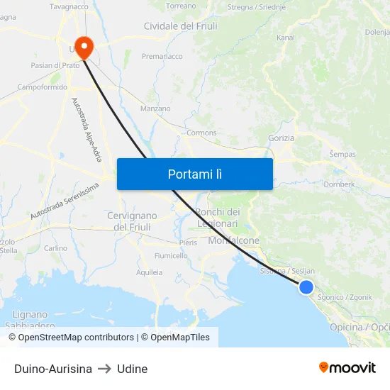 Duino-Aurisina to Udine map