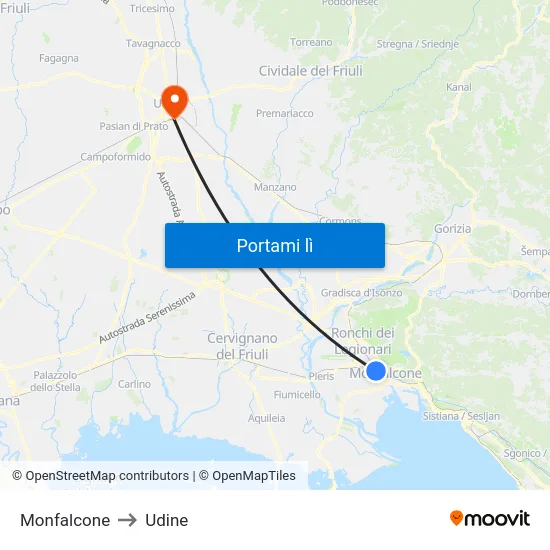 Monfalcone to Udine map