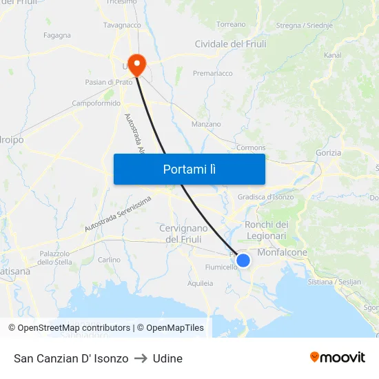 San Canzian D' Isonzo to Udine map