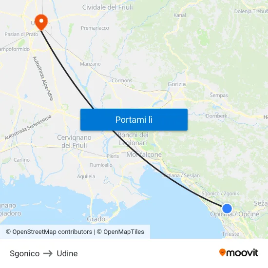 Sgonico to Udine map