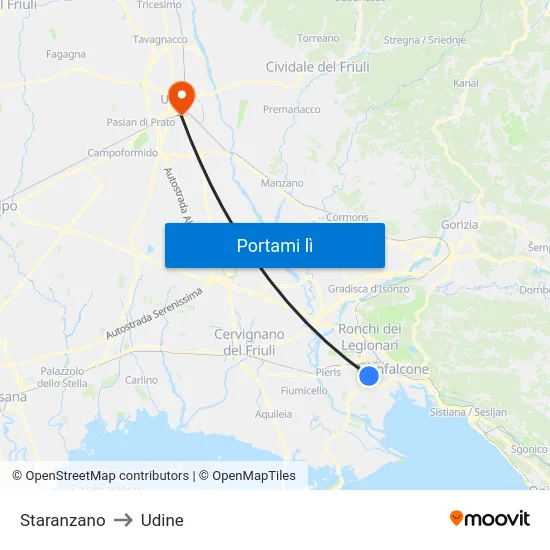 Staranzano to Udine map