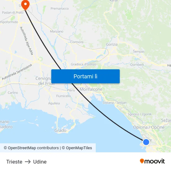 Trieste to Udine map