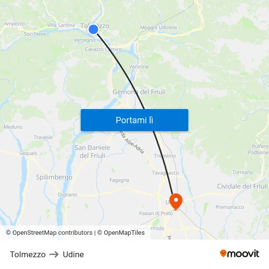 Tolmezzo to Udine map