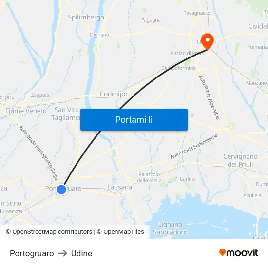Portogruaro to Udine map