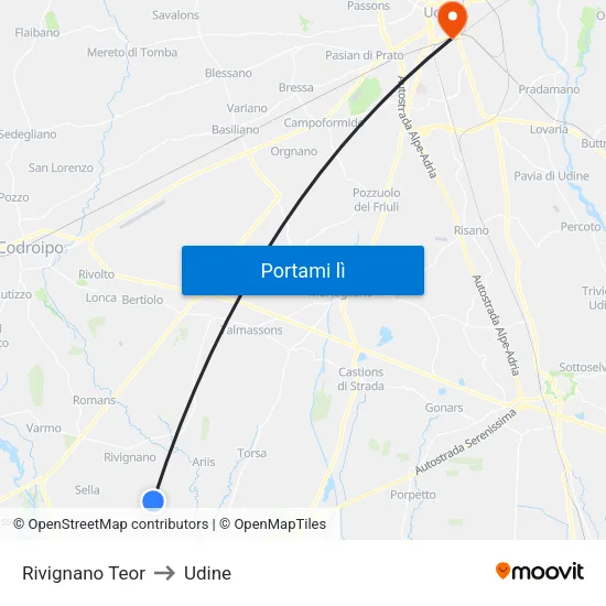 Rivignano Teor to Udine map