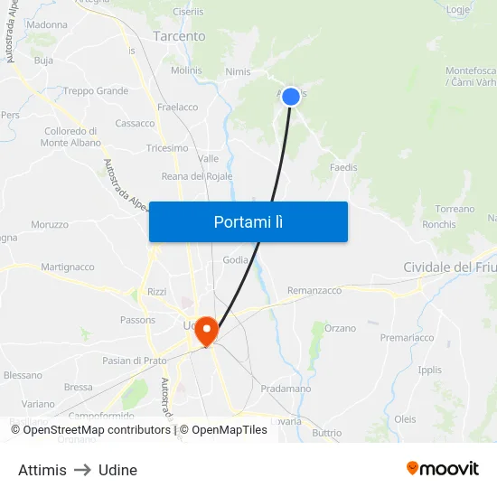 Attimis to Udine map