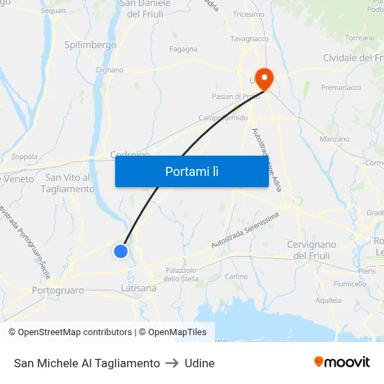San Michele Al Tagliamento to Udine map