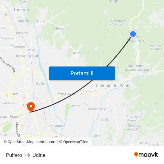 Pulfero to Udine map